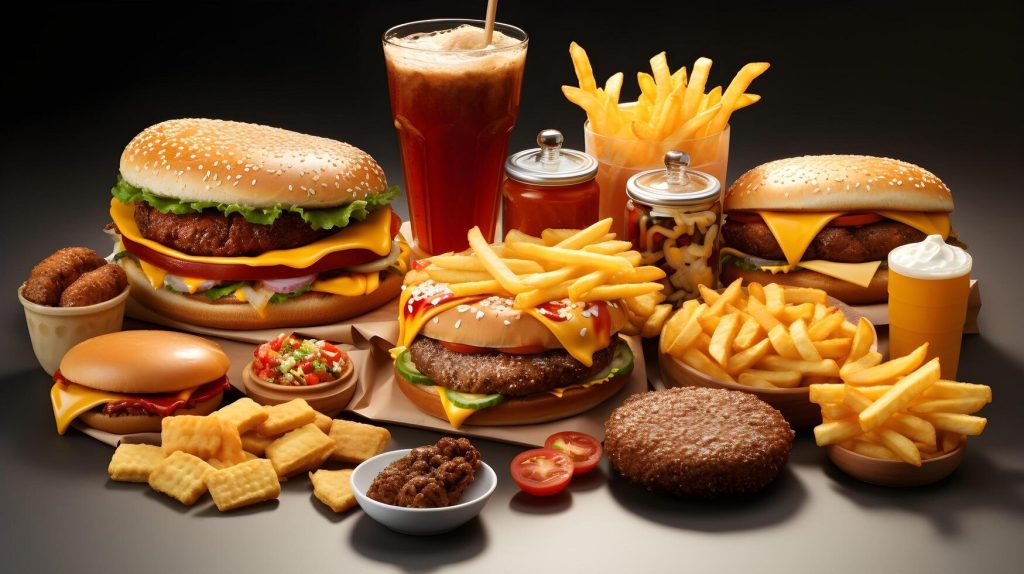 Hidangan fast food seperti burger, kentang goreng, dan minuman bersoda